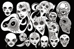 Scary woman with a lot of eyes tattoo idea