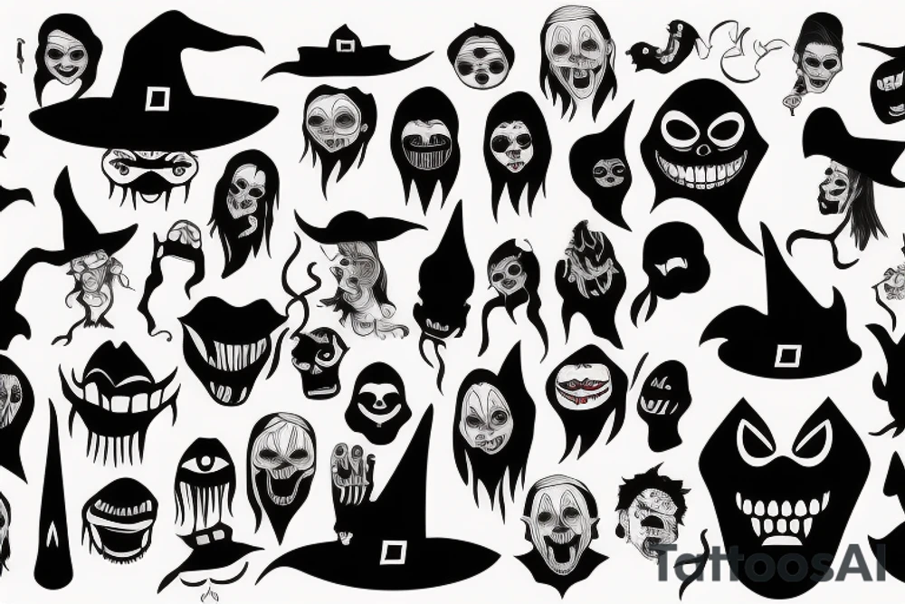 Witch with black face and scary mouth tattoo idea