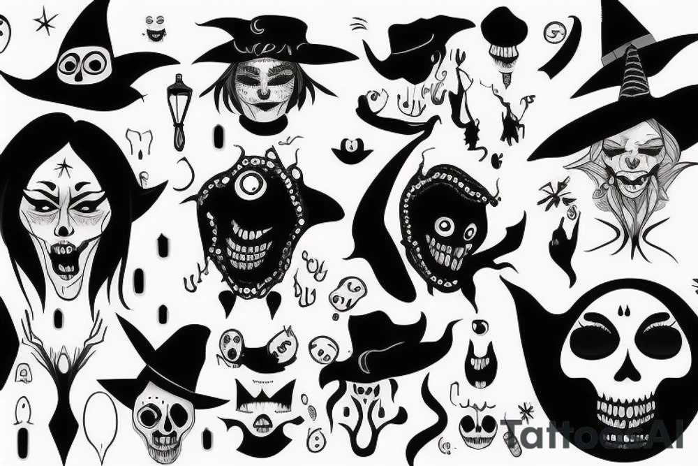 Witch with black face and scary mouth tattoo idea