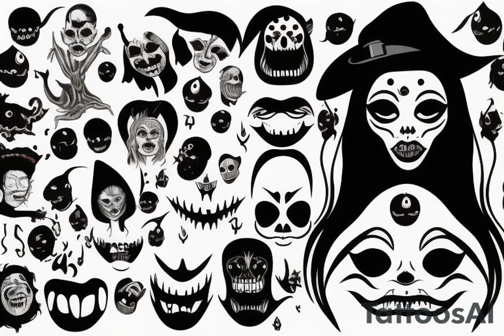 Witch with black face and scary mouth tattoo idea