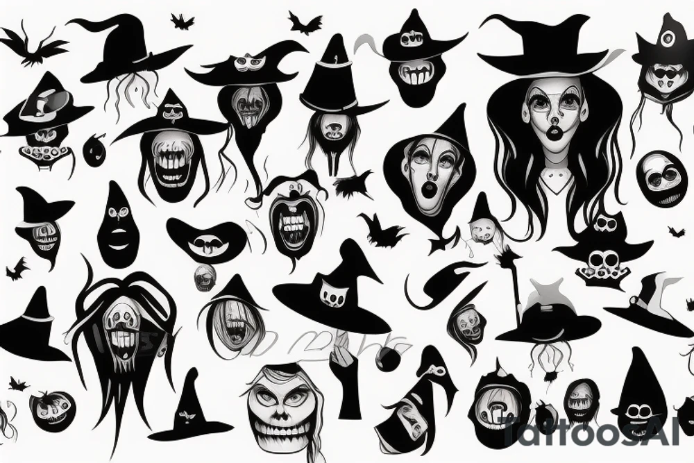 Witch with black face and scary mouth tattoo idea