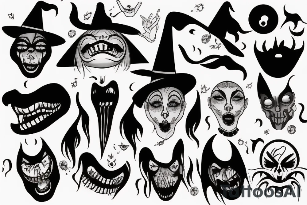 Witch with black face and scary mouth tattoo idea