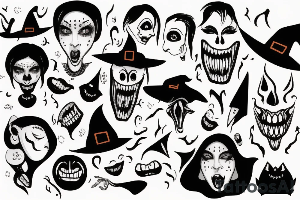 Witch with black face and scary mouth tattoo idea