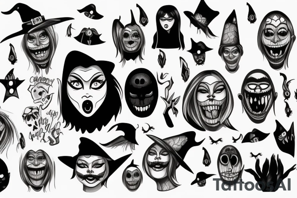 Witch with black face and scary mouth tattoo idea