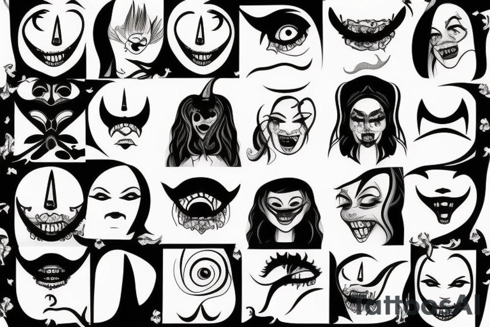 Witch with black face and scary mouth tattoo idea
