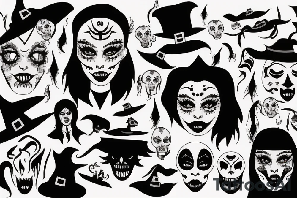 Witch with black face and scary mouth tattoo idea