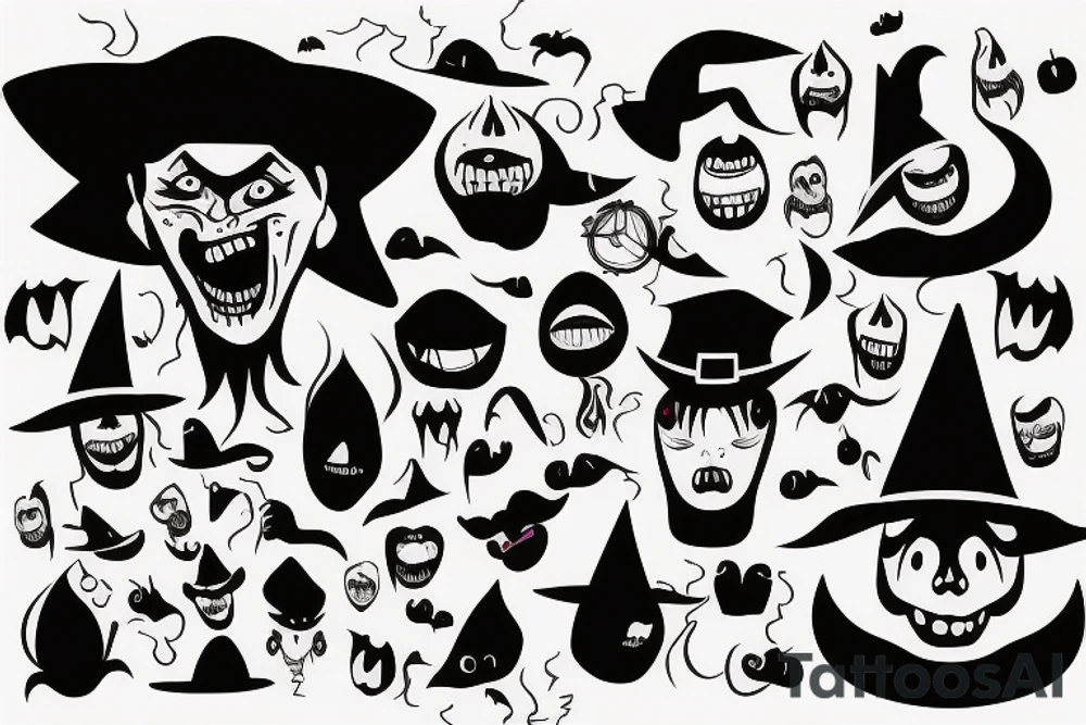 Witch with black face and scary mouth tattoo idea
