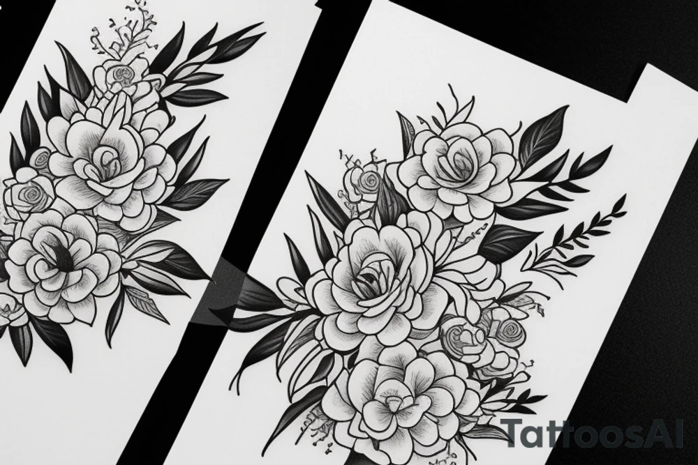 Fine line January and September birth flower bouquet tattoo with “we’ll be alright” phrase tattoo idea