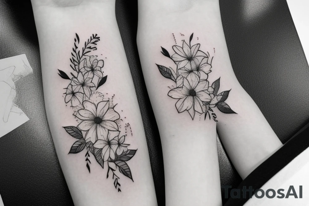 Fine line January and September birth flower bouquet tattoo with “we’ll be alright” phrase tattoo idea