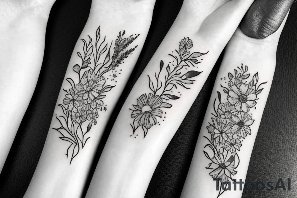 Fine line January and September birth flower bouquet tattoo with “we’ll be alright” phrase tattoo idea