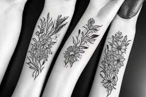 Fine line January and September birth flower bouquet tattoo with “we’ll be alright” phrase tattoo idea