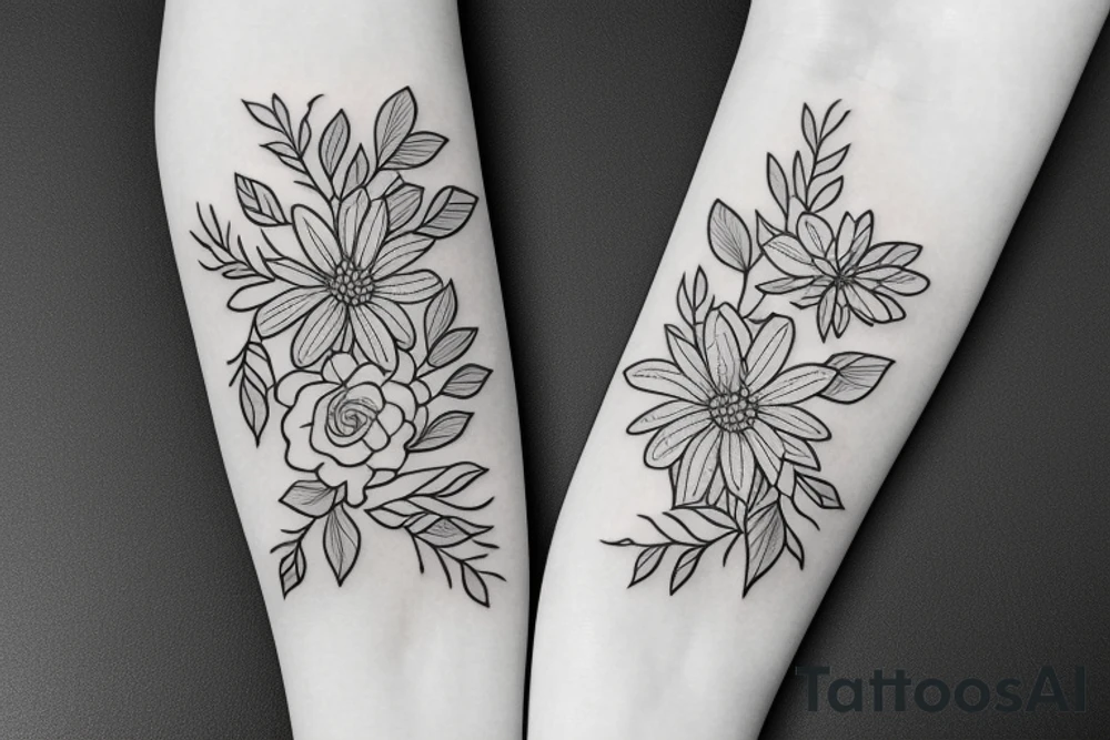 Fine line January and September birth flower bouquet tattoo with “we’ll be alright” phrase tattoo idea