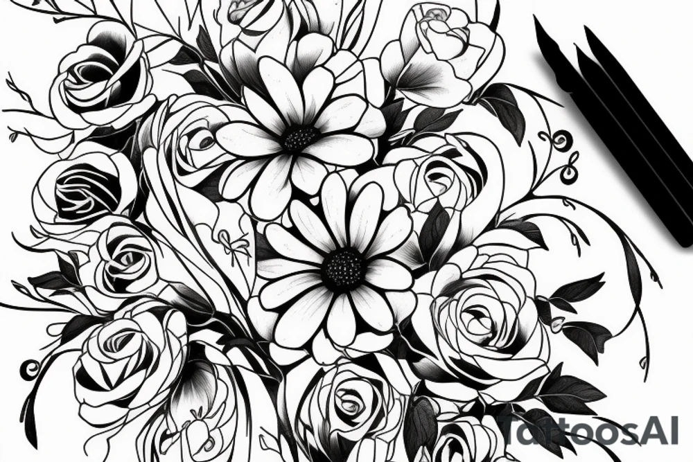 Fine line January and September birth flower bouquet tattoo with “we’ll be alright” phrase tattoo idea