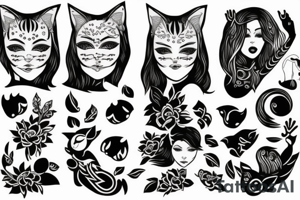full body woman with cat head tattoo idea