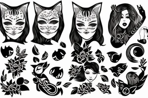 full body woman with cat head tattoo idea