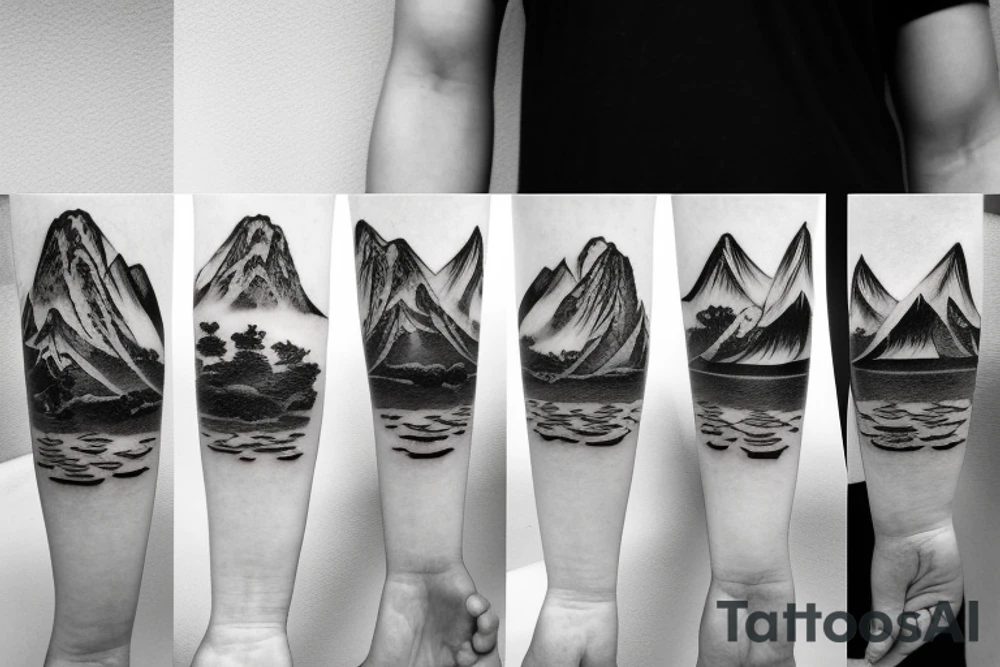 Japanese temple surrounded by mountains and 3 waterfalls tattoo idea