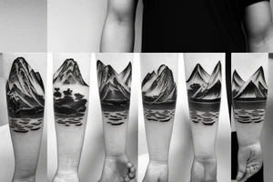 Japanese temple surrounded by mountains and 3 waterfalls tattoo idea