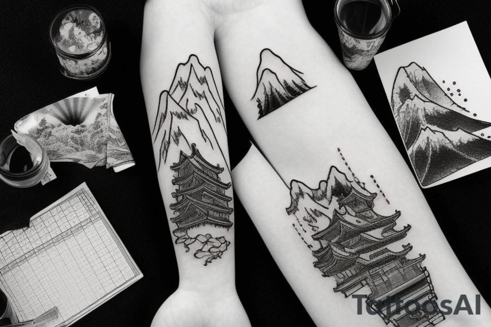 Japanese temple surrounded by mountains and 3 waterfalls tattoo idea