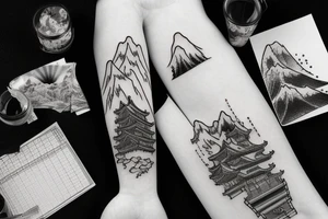 Japanese temple surrounded by mountains and 3 waterfalls tattoo idea