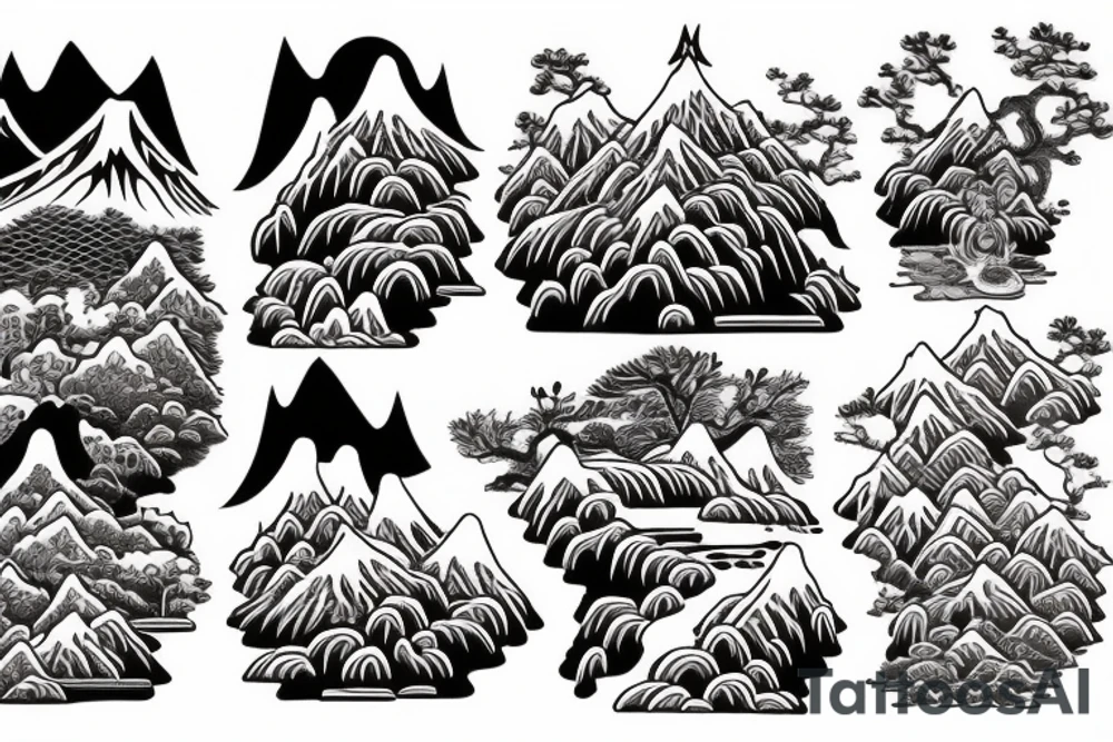 Japanese temple surrounded by mountains and 3 waterfalls tattoo idea