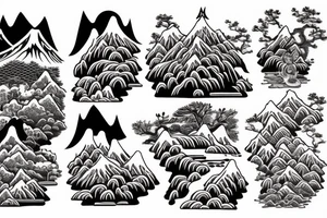 Japanese temple surrounded by mountains and 3 waterfalls tattoo idea