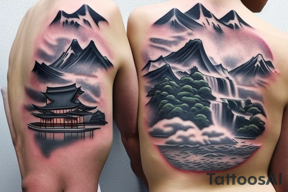 Japanese temple surrounded by mountains and 3 waterfalls tattoo idea