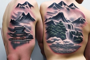 Japanese temple surrounded by mountains and 3 waterfalls tattoo idea
