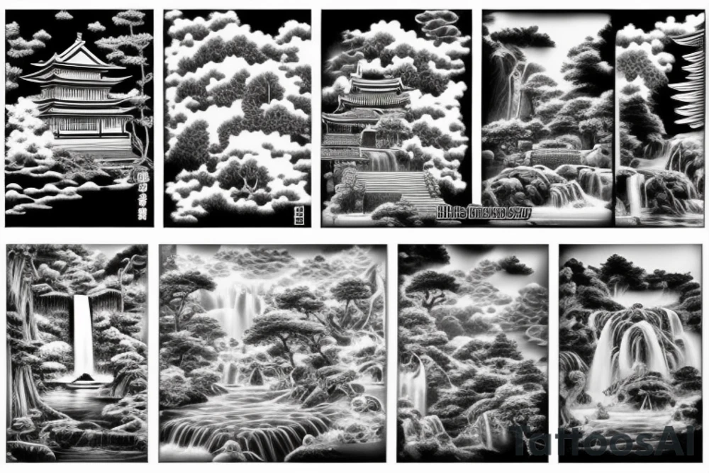 Japanese temple with waterfalls around it tattoo idea Japanese temple with waterfalls around it tattoo idea