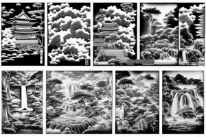 Japanese temple with waterfalls around it tattoo idea