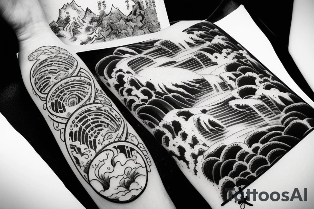 Japanese temple with waterfalls around it tattoo idea