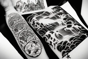 Japanese temple with waterfalls around it tattoo idea