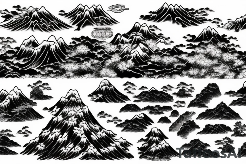Japanese temple waterfalls and mountains in a realistic style tattoo idea