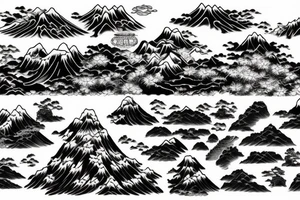 Japanese temple waterfalls and mountains in a realistic style tattoo idea