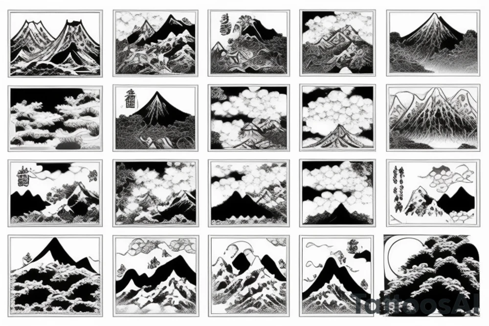 Japanese temple waterfalls and mountains in a realistic style tattoo idea