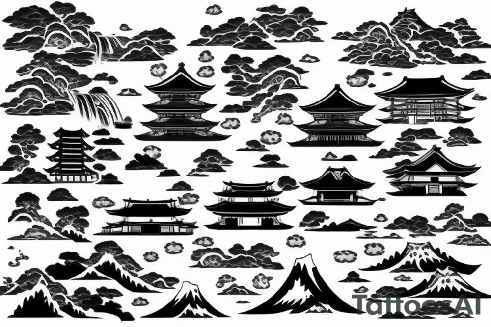 Japanese temple surrounded by waterfalls in a realistic style tattoo idea