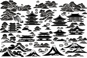 Japanese temple surrounded by waterfalls in a realistic style tattoo idea