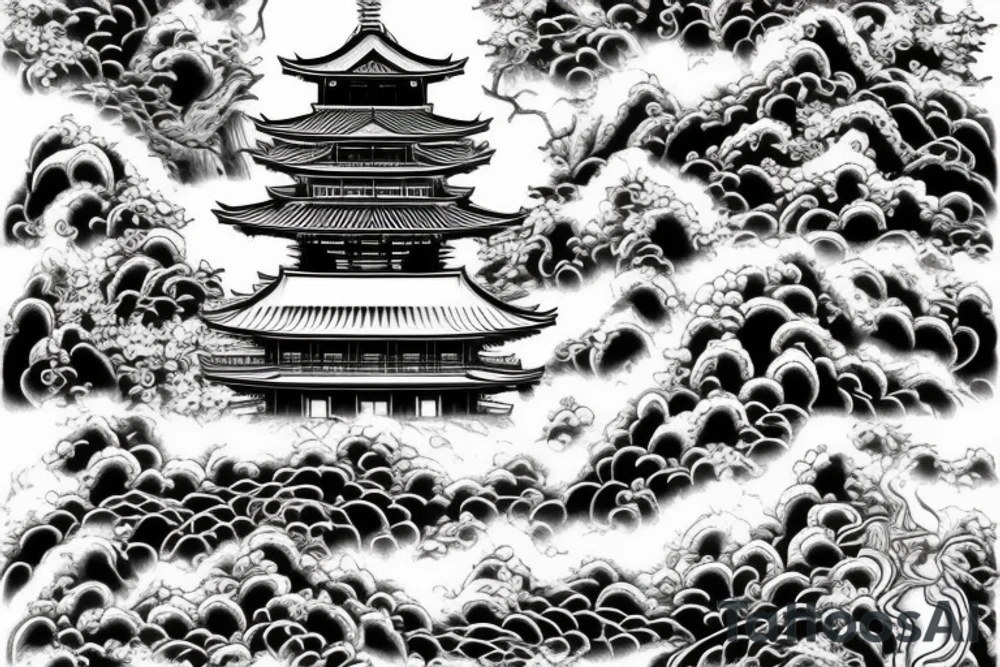 Japanese temple surrounded by waterfalls in a realistic style tattoo idea