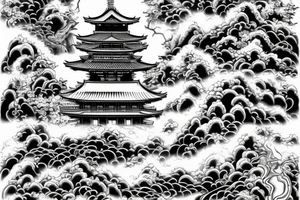 Japanese temple surrounded by waterfalls in a realistic style tattoo idea