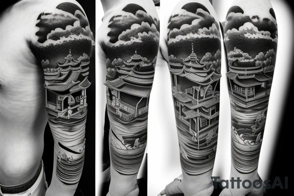 Japanese temple at a slight angle surrounded by waterfalls in a realistic style tattoo idea
