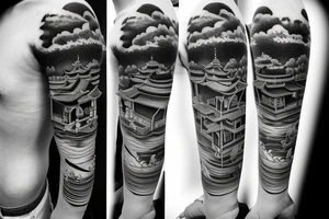 Japanese temple at a slight angle surrounded by waterfalls in a realistic style tattoo idea