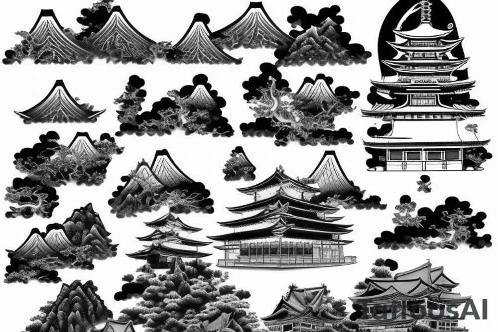 Japanese temple at a slight angle surrounded by waterfalls in a realistic style tattoo idea