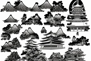 Japanese temple at a slight angle surrounded by waterfalls in a realistic style tattoo idea