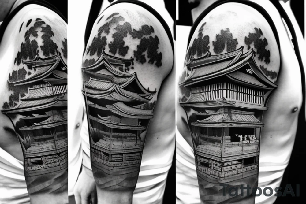 Photo style Japanese temple at a slight angle surrounded by waterfalls tattoo idea