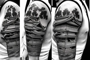 Photo style Japanese temple at a slight angle surrounded by waterfalls tattoo idea