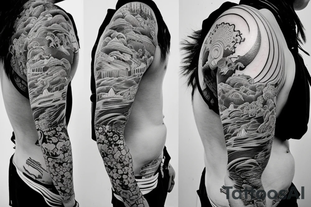 Photo style Japanese temple at a slight angle surrounded by waterfalls tattoo idea