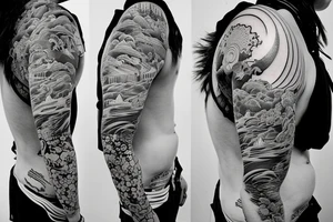 Photo style Japanese temple at a slight angle surrounded by waterfalls tattoo idea
