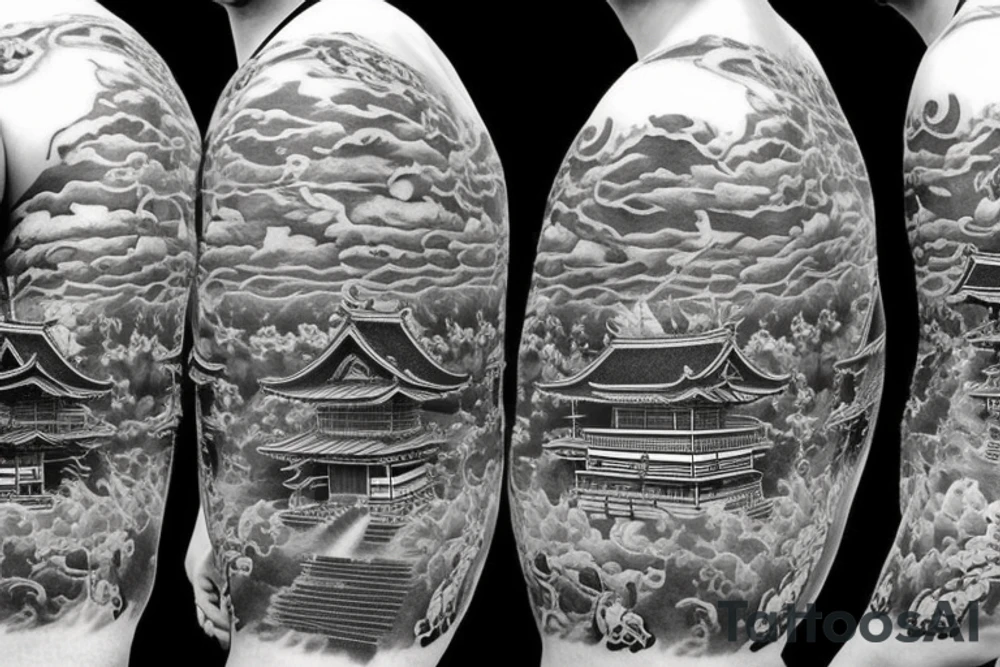 Realistic Japanese temple at an angle surrounded by waterfalls tattoo idea