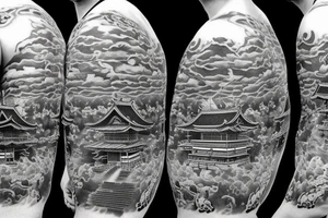 Realistic Japanese temple at an angle surrounded by waterfalls tattoo idea