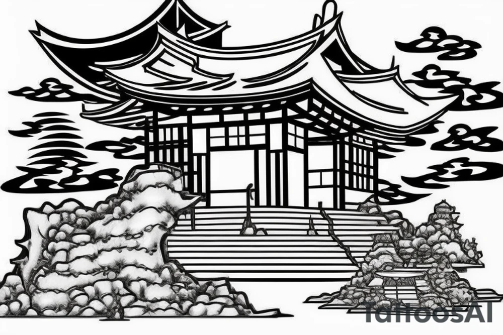 Realistic Japanese temple at an angle surrounded by waterfalls tattoo idea