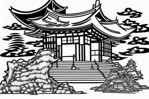Realistic Japanese temple at an angle surrounded by waterfalls tattoo idea